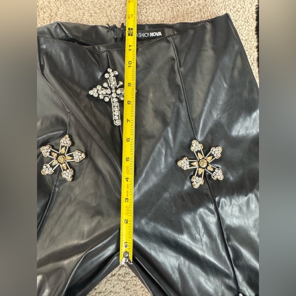 Fashion Nova Faux Leather Rhinestone Crop Top & Flare Pants Set | Black | M - Picture 12 of 15